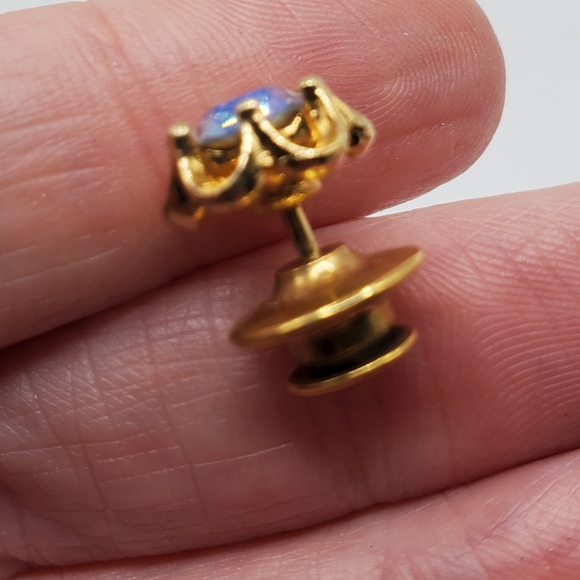 Vintage AB aurora borealis tie pin brooch tac collar blue gold small 50's 60's - Picture 3 of 7